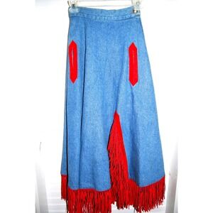 Vintage Western skirt Women's size 6 Denim Red leather fringe S.H.E. Rodeo wear